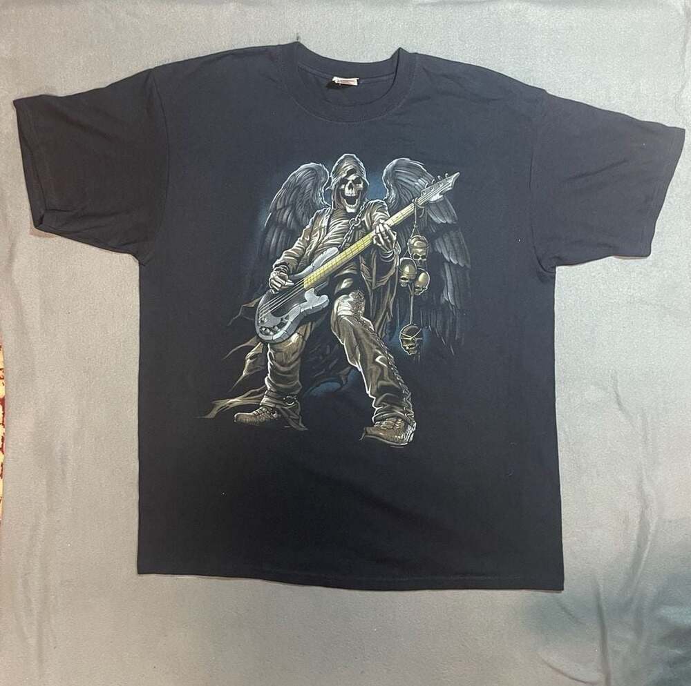 Vintage 2007 Liquid Blue Grim Reaper Guitar T-Shirt Black XL Y2K Skull